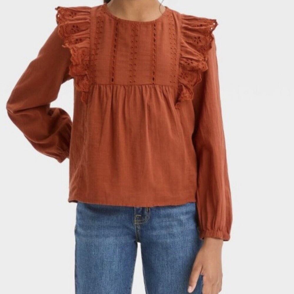 Cat & Jack Girls Long Sleeve Orange Woven Ruffle Shirt Size Large‎ (10/12)